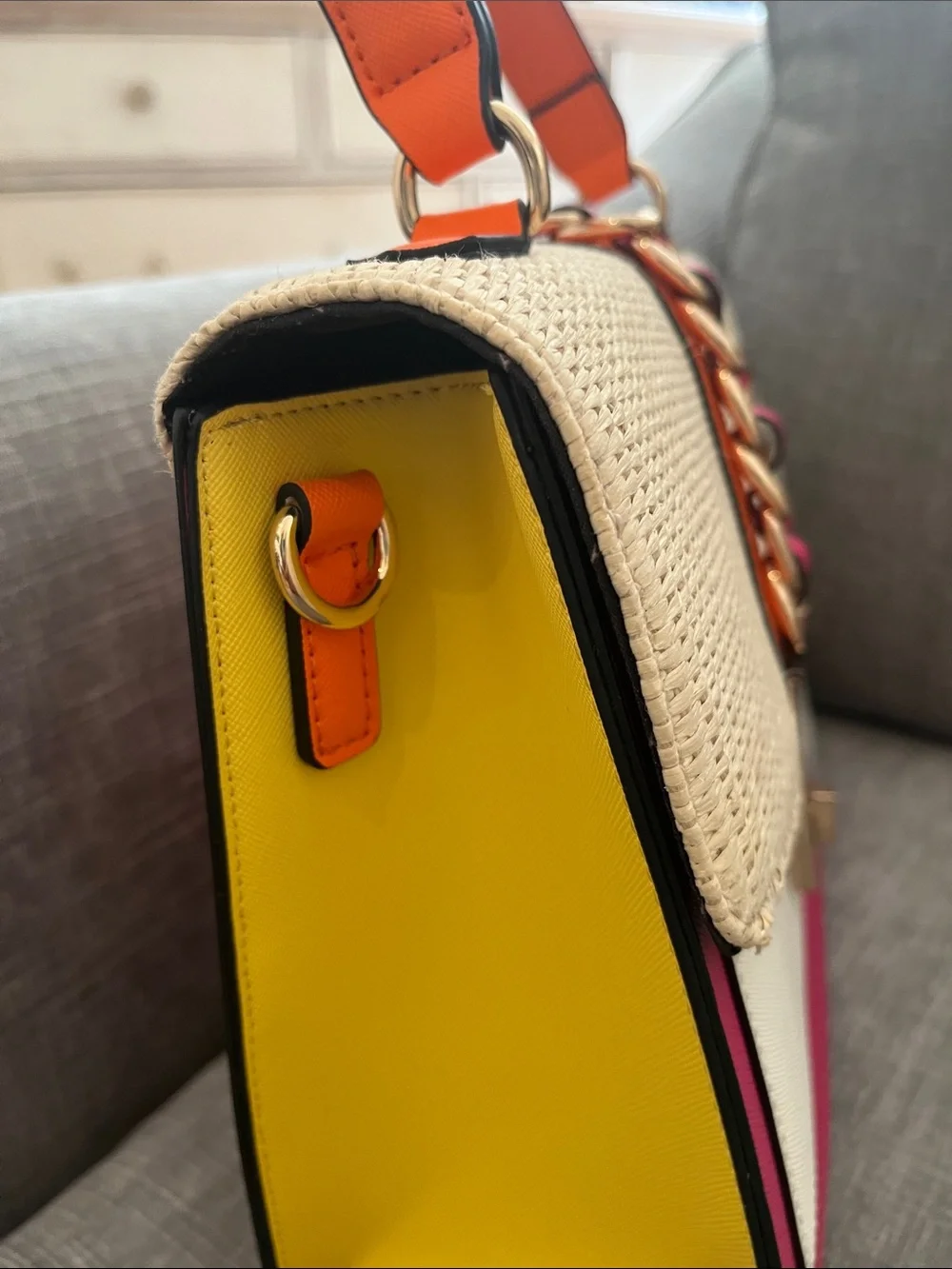 Aldo Cream Straw Satchel with Fuchsia & Orange Trim-Never Worn